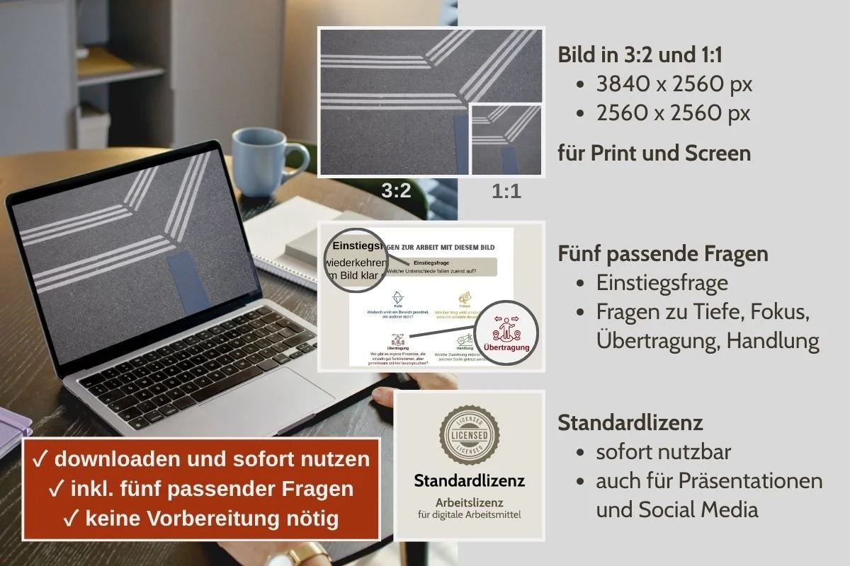 Linienmarkierung auf Asphalt als Bild für Prozessfragen in verschiedenen Formaten, Vorschau von 5 passenden Arbeitsfragen und Standardlizenz