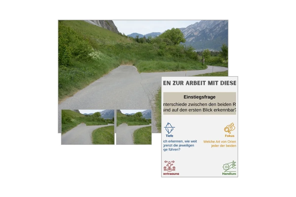 Weggabelung mit begrenztem und unübersichtlichem Weg als Entscheidungsbild mit verschiedenen Formaten und Vorschau von 5 Arbeitsfragen zur Reflexion