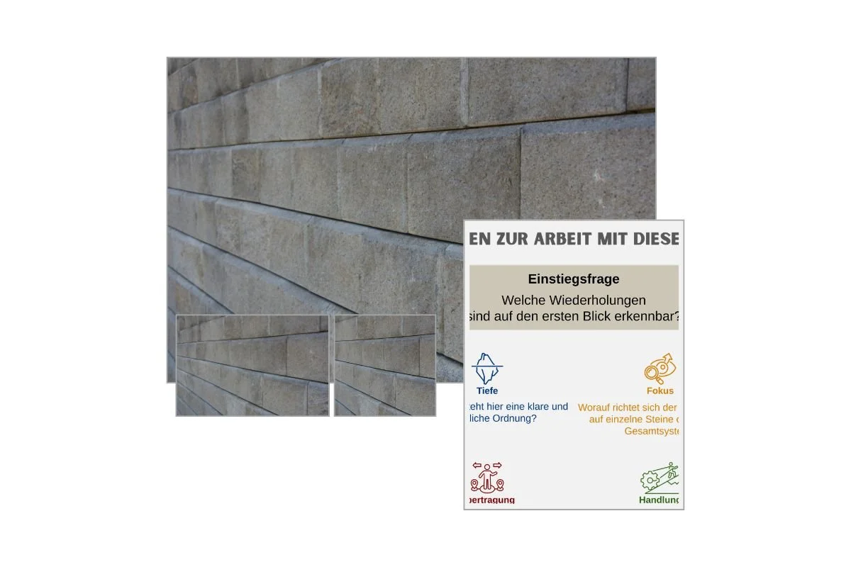 Geschichtete Steinmauer als Strukturbild mit verschiedenen Formaten und Vorschau von 5 Arbeitsfragen zur Reflexion