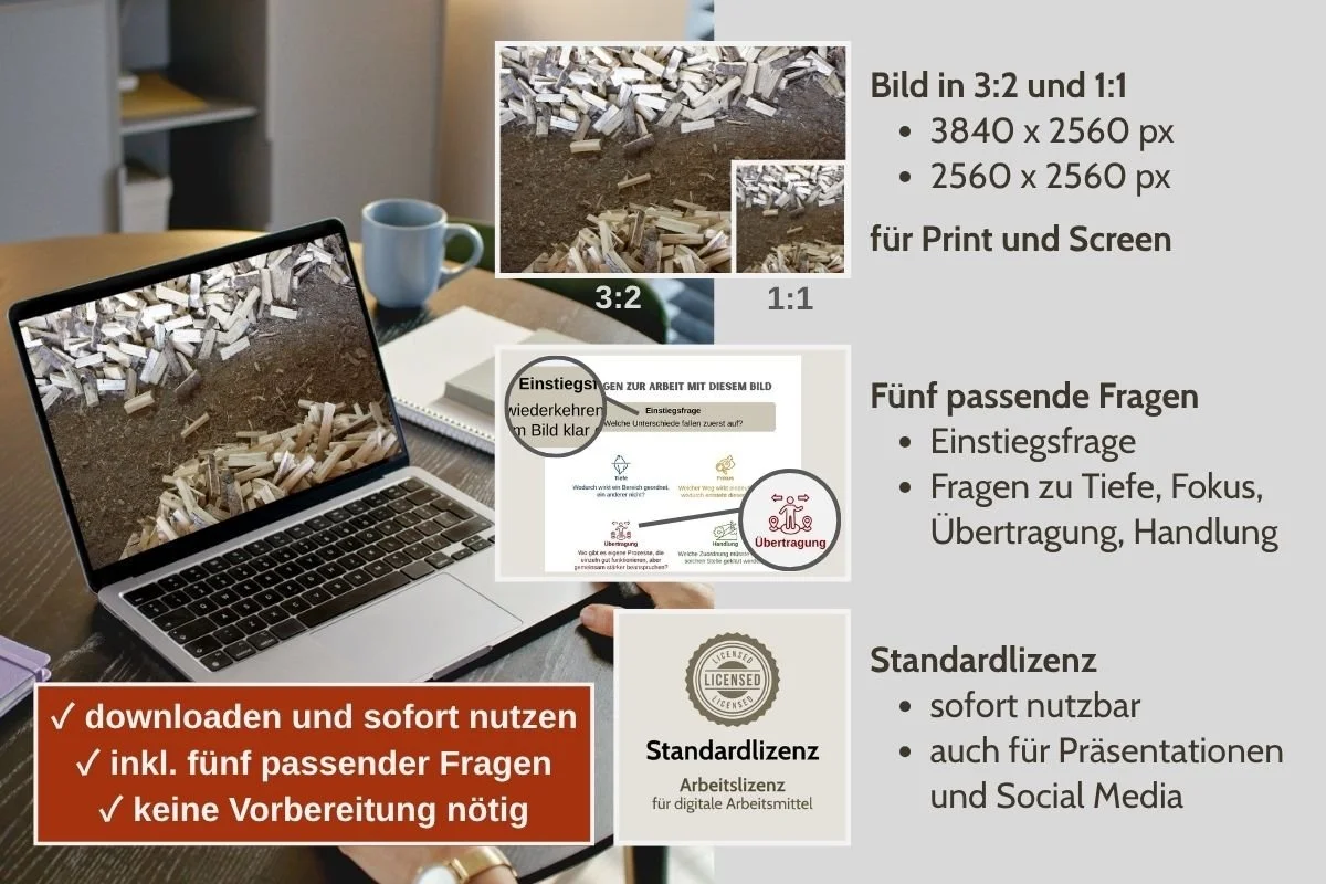 Spaltholz mit Zwischenräumen als Bild für Struktur und Ordnung in verschiedenen Formaten, Vorschau von 5 passenden Arbeitsfragen und Standardlizenz