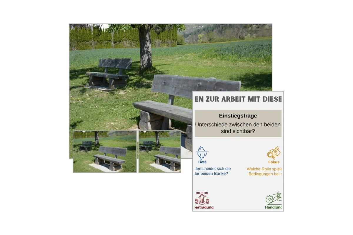 Sonne und Schatten als Entscheidungsbild mit verschiedenen Formaten und Vorschau von 5 Arbeitsfragen zur Reflexion