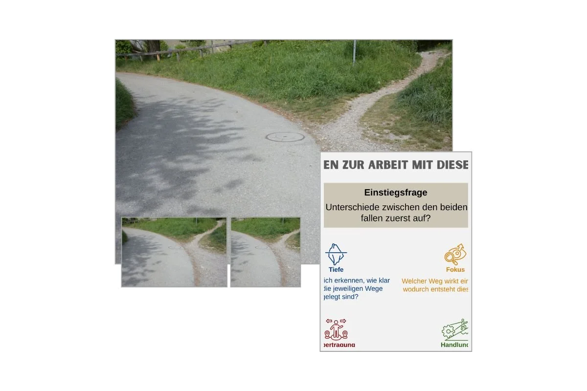 Weggabelung mit befestigtem und unbefestigtem Weg als Entscheidungsbild mit verschiedenen Formaten und Vorschau von 5 Arbeitsfragen zur Reflexion
