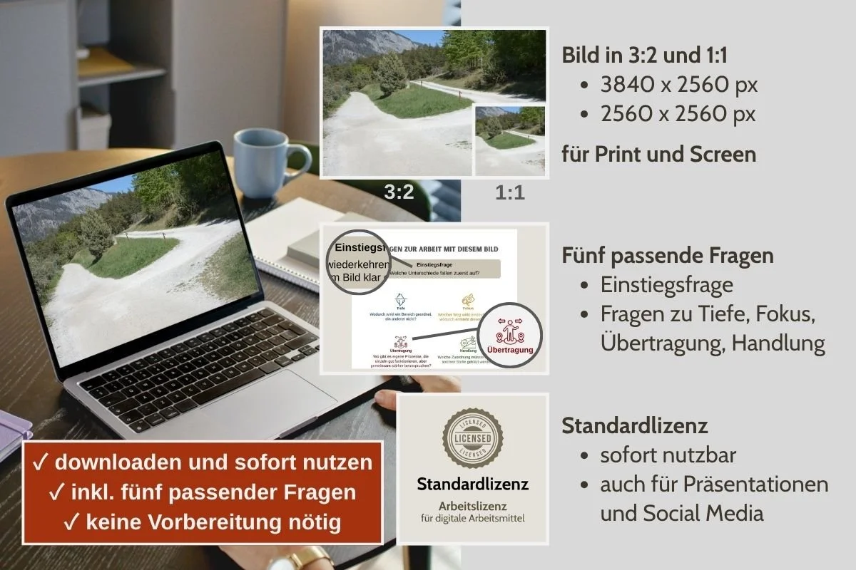 Gleichwertige Weggabelung als Bild für Entscheidungen in verschiedenen Formaten, Vorschau von 5 passenden Arbeitsfragen und Standardlizenz