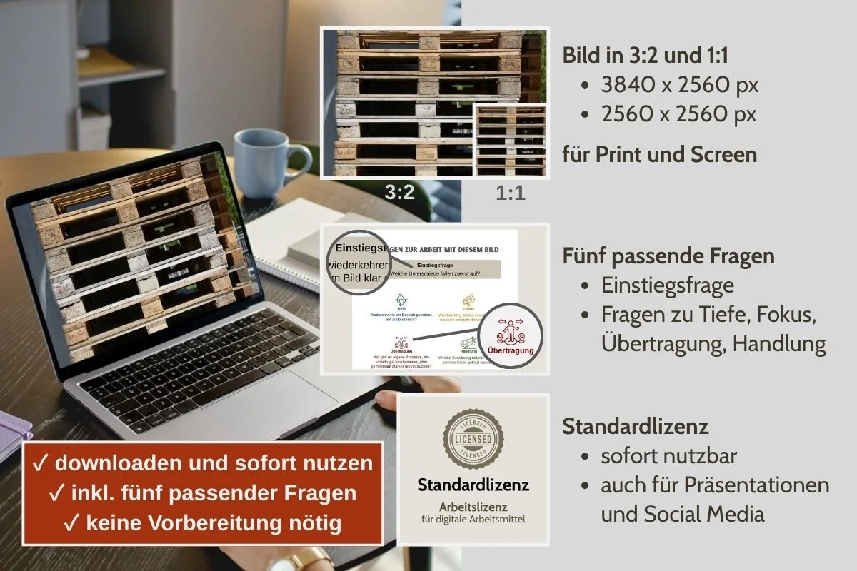 Stapel aus Holzpaletten als Bild für Struktur und Ordnung in verschiedenen Formaten, Vorschau von 5 passenden Arbeitsfragen und Standardlizenz
