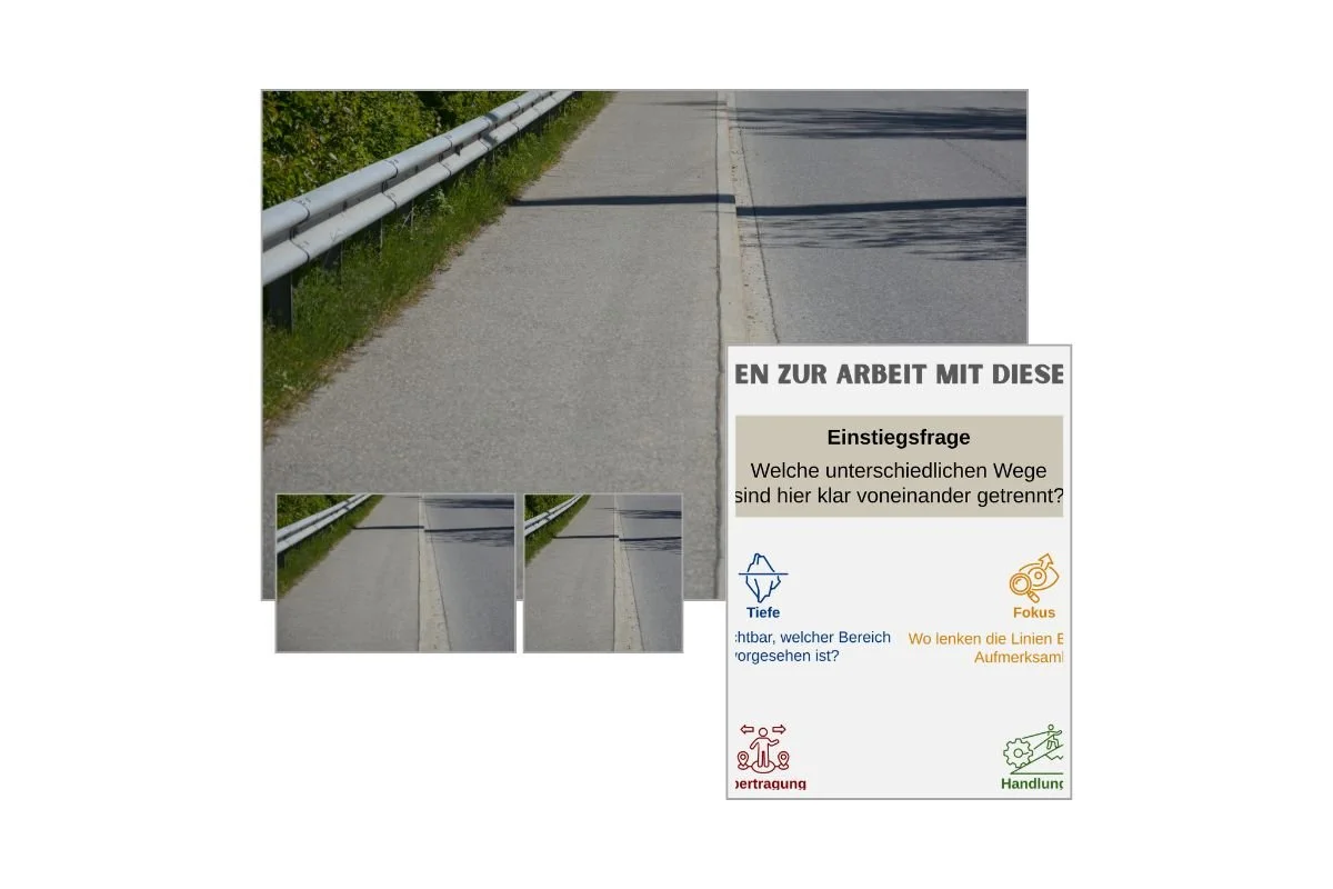 Gehweg und Strasse als Strukturbild mit verschiedenen Formaten und Vorschau von 5 Arbeitsfragen zur Reflexion