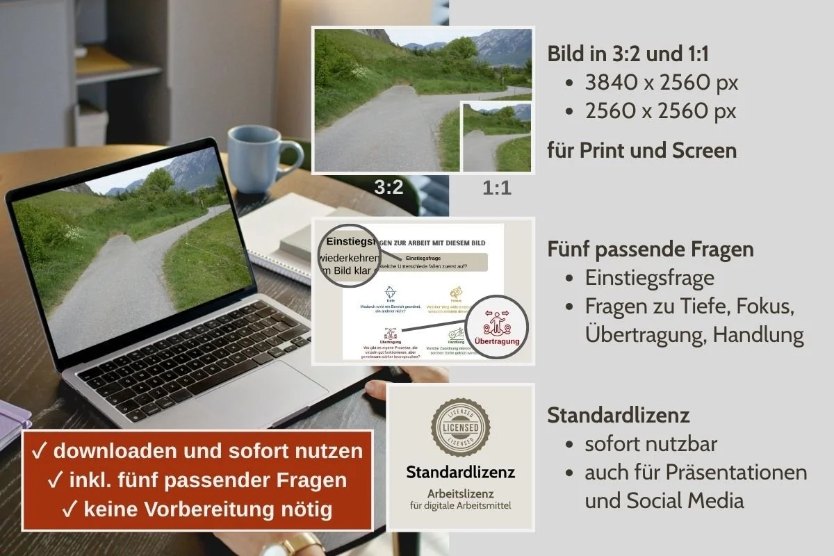 Weggabelung mit begrenztem und unübersichtlichem Weg als Bild für Entscheidungen in verschiedenen Formaten, Vorschau von 5 passenden Arbeitsfragen und Standardlizenz
