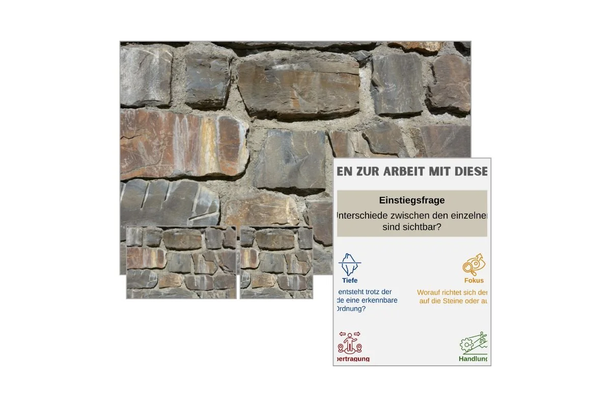 Gemauerte Natursteinwand als Strukturbild mit verschiedenen Formaten und Vorschau von 5 Arbeitsfragen zur Reflexion