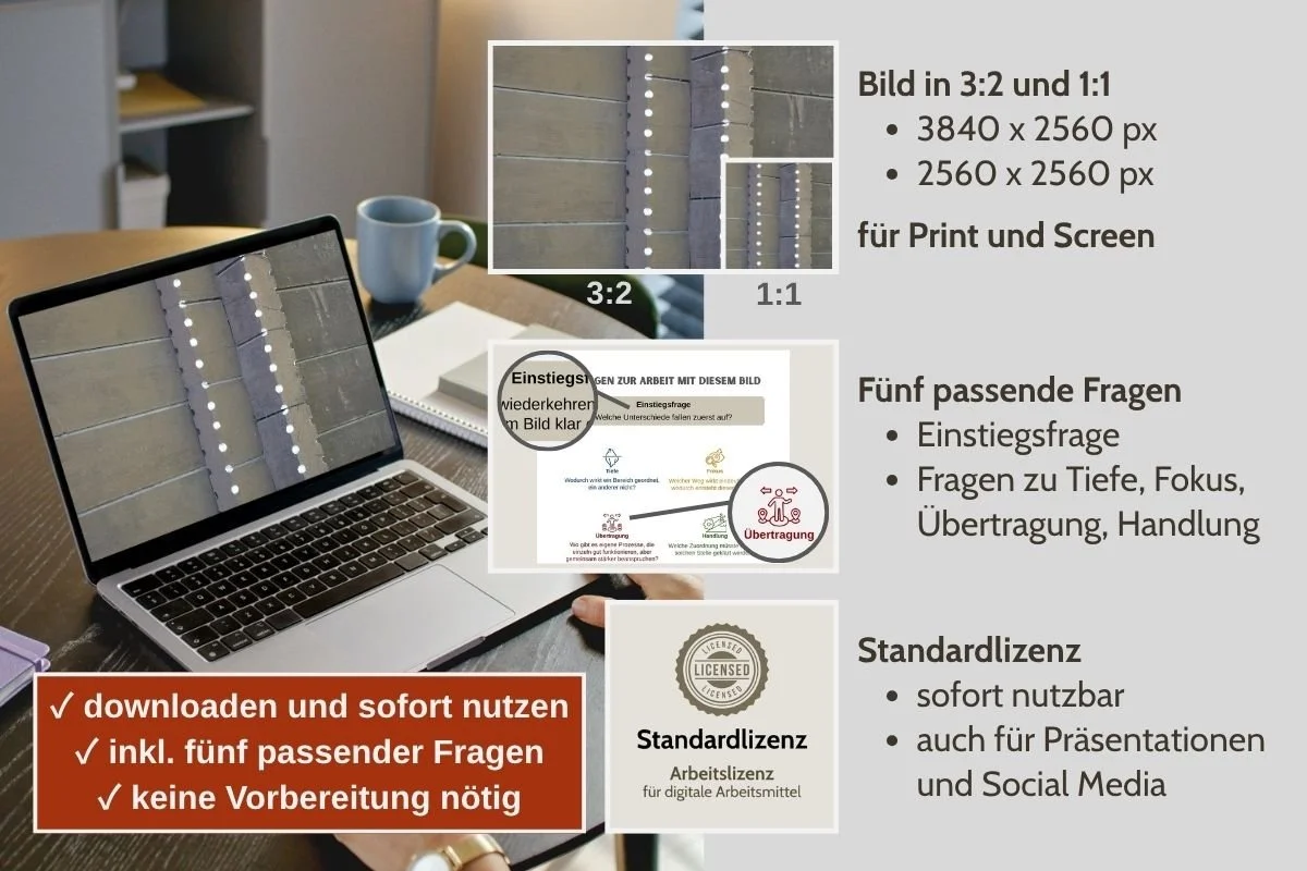 Markierte Holzbohlen als Bild für Struktur und Ordnung in verschiedenen Formaten, Vorschau von 5 passenden Arbeitsfragen und Standardlizenz