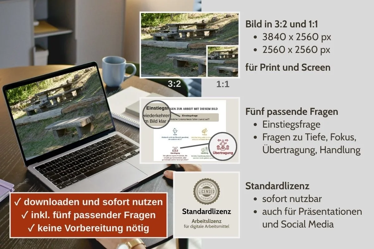 Unterschiedliche Sitzgelegenheiten als Bild für Entscheidungen in verschiedenen Formaten, Vorschau von 5 passenden Arbeitsfragen und Standardlizenz