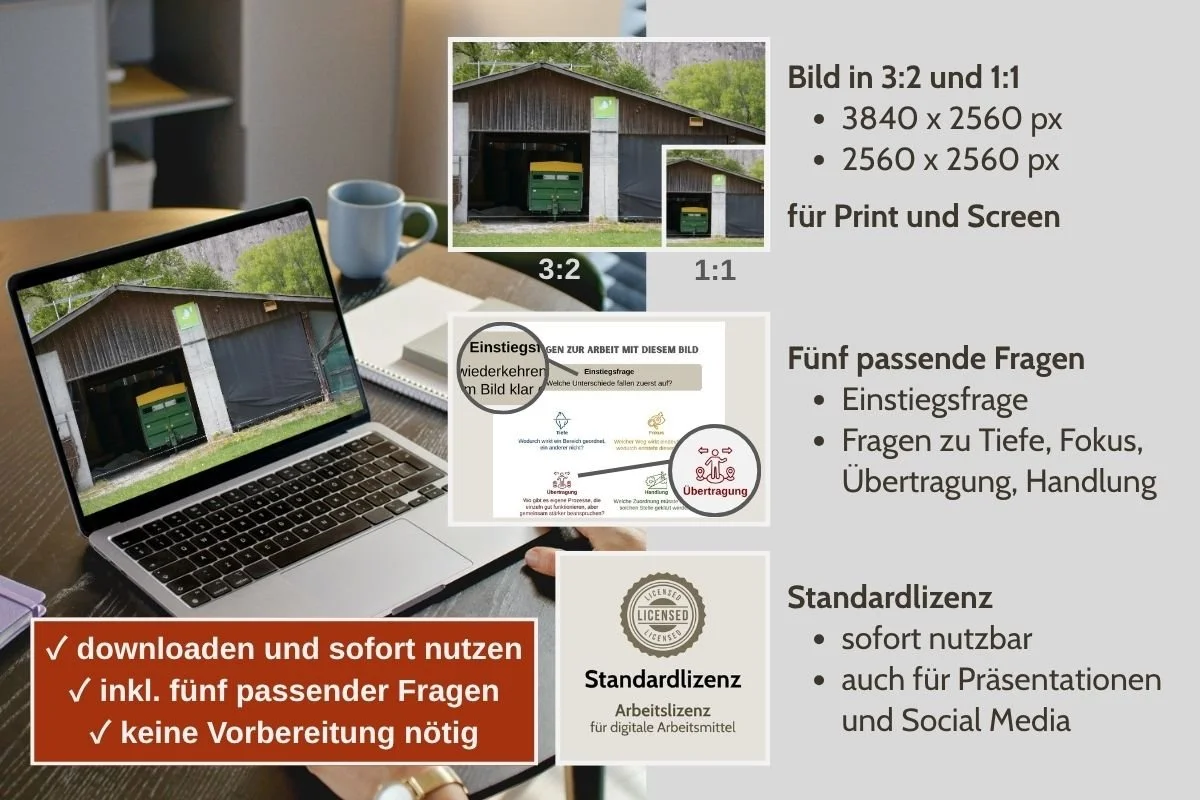 Scheune mit unterschiedlichen Zugangsoptionen als Bild für Entscheidungen in verschiedenen Formaten, Vorschau von 5 passenden Arbeitsfragen und Standardlizenz