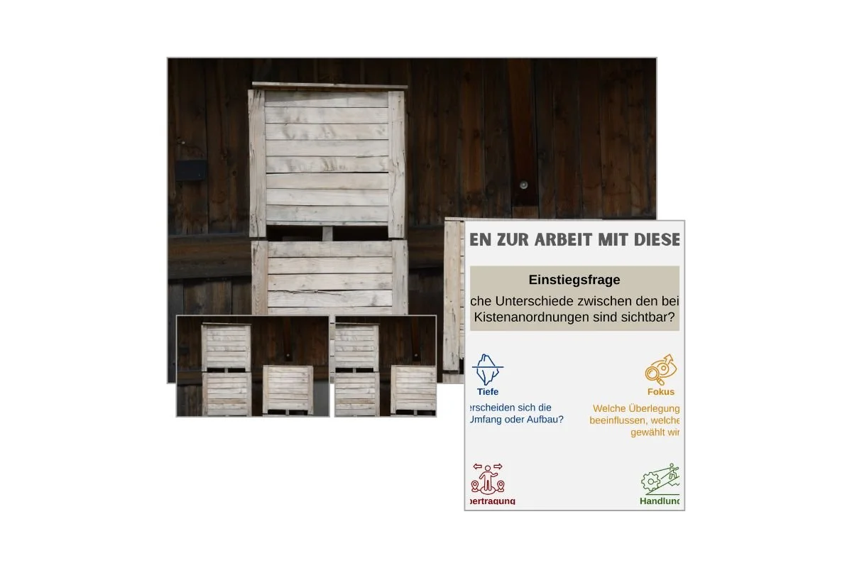 Unterschiedlich hohe Holzkisten als Entscheidungsbild mit verschiedenen Formaten und Vorschau von 5 Arbeitsfragen zur Reflexion
