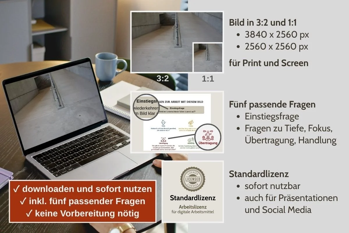 Rampe und Treppe als Bild für Entscheidungen in verschiedenen Formaten, Vorschau von 5 passenden Arbeitsfragen und Standardlizenz