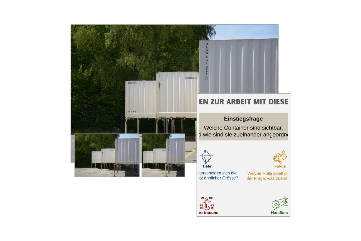 Container in gestaffelter Anordnung als Entscheidungsbild mit verschiedenen Formaten und Vorschau von 5 Arbeitsfragen zur Reflexion