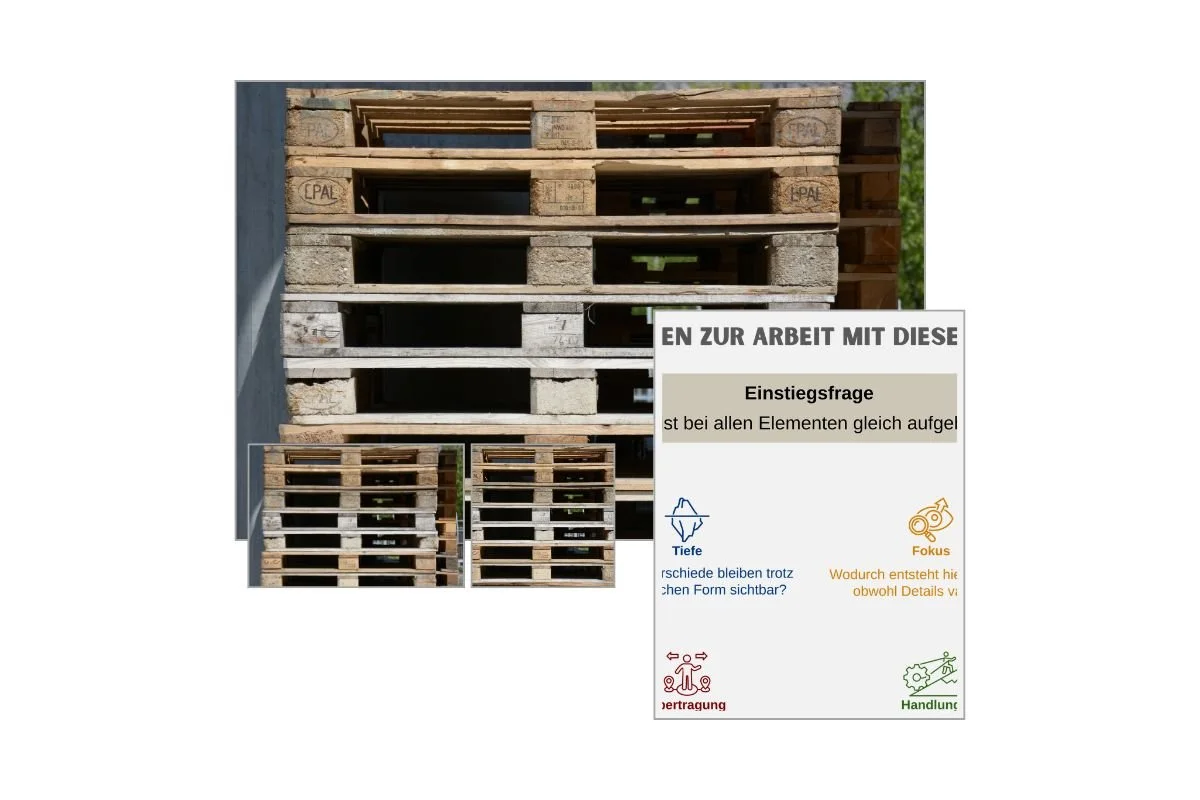 Stapel aus Holzpaletten als Strukturbild mit verschiedenen Formaten und Vorschau von 5 Arbeitsfragen zur Reflexion