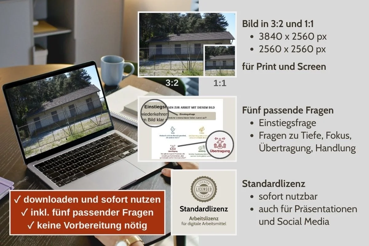Vier Türen hinter geschlossenem Zaun als Bild für Entscheidungen in verschiedenen Formaten, Vorschau von 5 passenden Arbeitsfragen und Standardlizenz