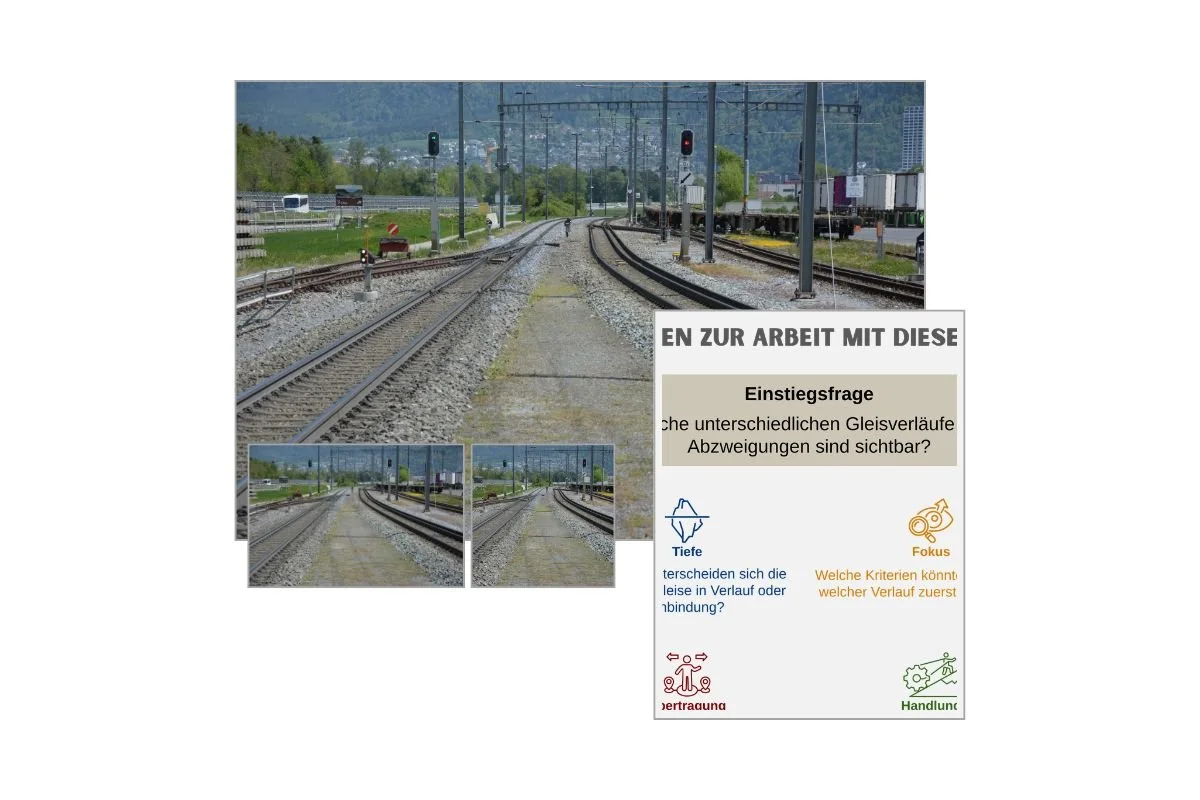Mehrgleisige Bahnstrecke als Entscheidungsbild mit verschiedenen Formaten und Vorschau von 5 Arbeitsfragen zur Reflexion