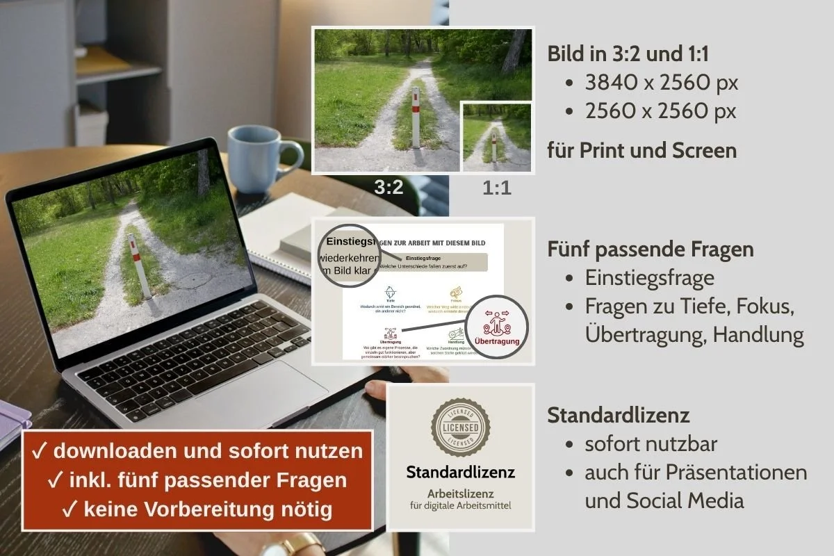 Wegverengung durch Mittelpfosten als Bild für Entscheidungen in verschiedenen Formaten, Vorschau von 5 passenden Arbeitsfragen und Standardlizenz