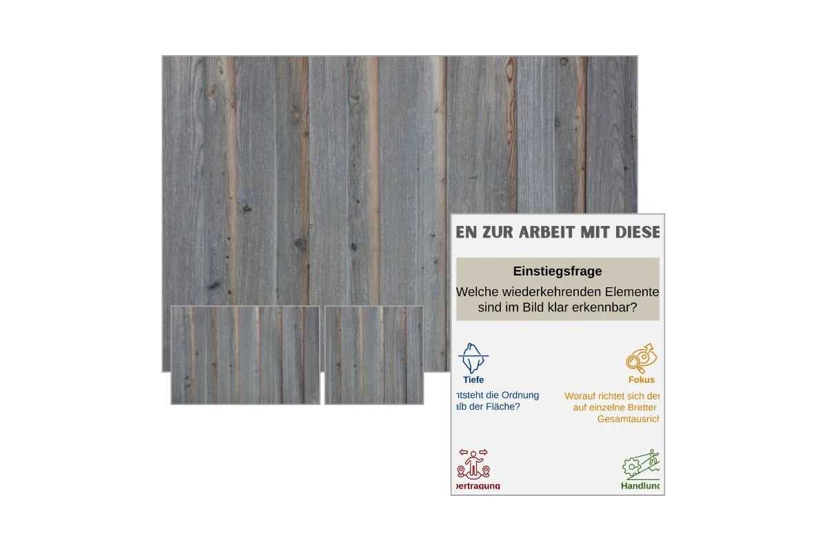 Gleichmässige Holzlatten als Strukturbild mit verschiedenen Formaten und Vorschau von 5 Arbeitsfragen zur Reflexion