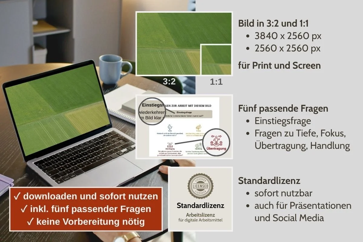 Landwirtschaftliche Feldgrenzen als Bild für Struktur und Ordnung in verschiedenen Formaten, Vorschau von 5 passenden Arbeitsfragen und Standardlizenz