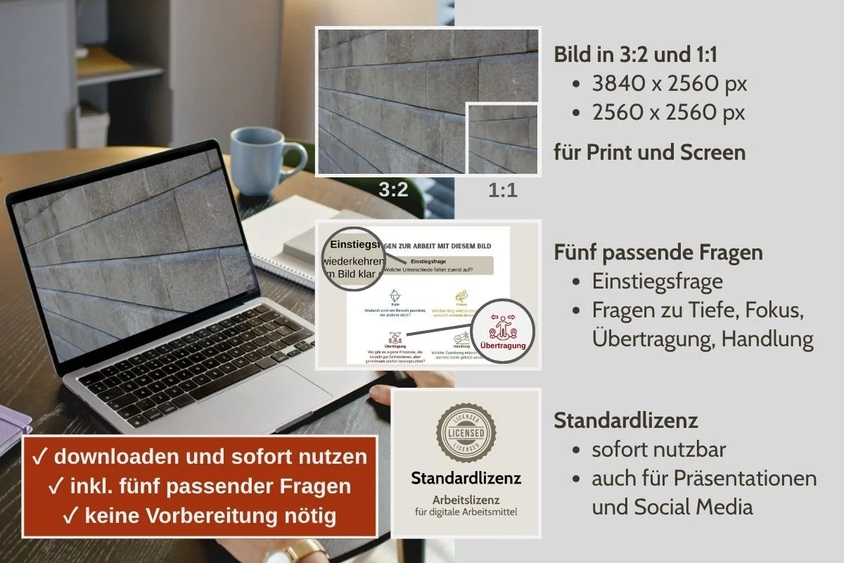 Geschichtete Steinmauer als Bild für Struktur und Ordnung in verschiedenen Formaten, Vorschau von 5 passenden Arbeitsfragen und Standardlizenz