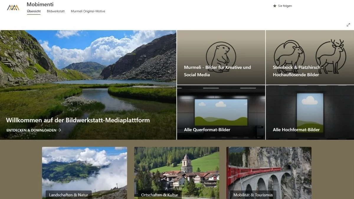 Screenshot der Bildplattform mit Schweizer Landschaftsmotiv und Kategorien für Querformate, Hochformate und kreative Bildsets