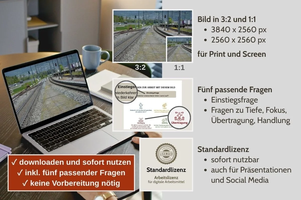 Mehrgleisige Bahnstrecke als Bild für Entscheidungen in verschiedenen Formaten, Vorschau von 5 passenden Arbeitsfragen und Standardlizenz