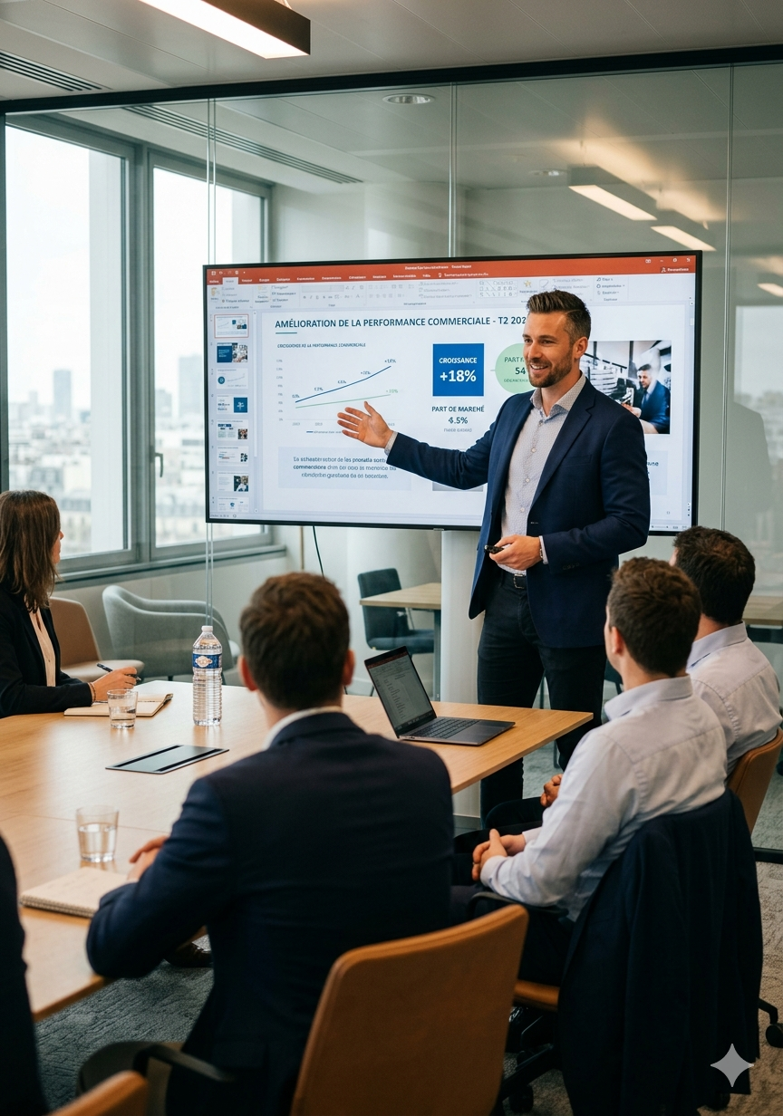 A man in a suit giving a presentation to a group of business people in a conference room. The presentation slide on the large screen shows a graph and statistics about commercial performance improvement, including an 18% growth.