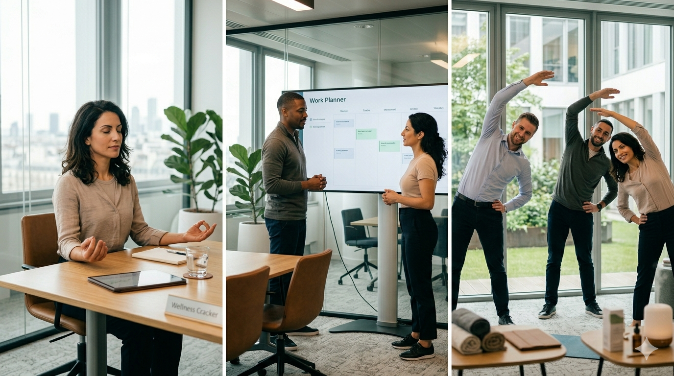 A collage of three images showing a woman meditating at a conference table, two people having a work presentation in a conference room, and three people stretching or doing yoga in a sunlit room with large windows.