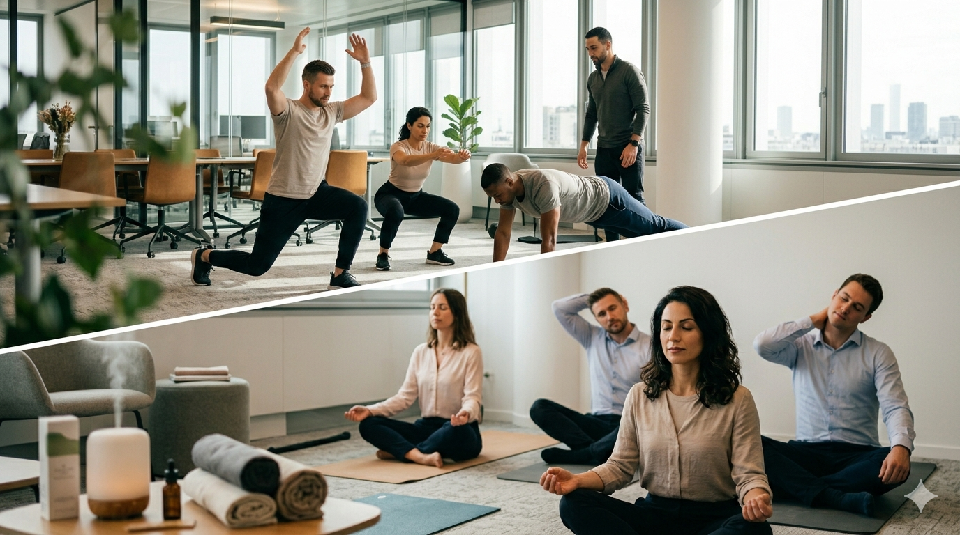 Two groups of people are practicing yoga and meditation in indoor settings. The first group is doing yoga exercises in a modern office space with large windows, while the second group is meditating on yoga mats in a serene room with a minimalist decor.