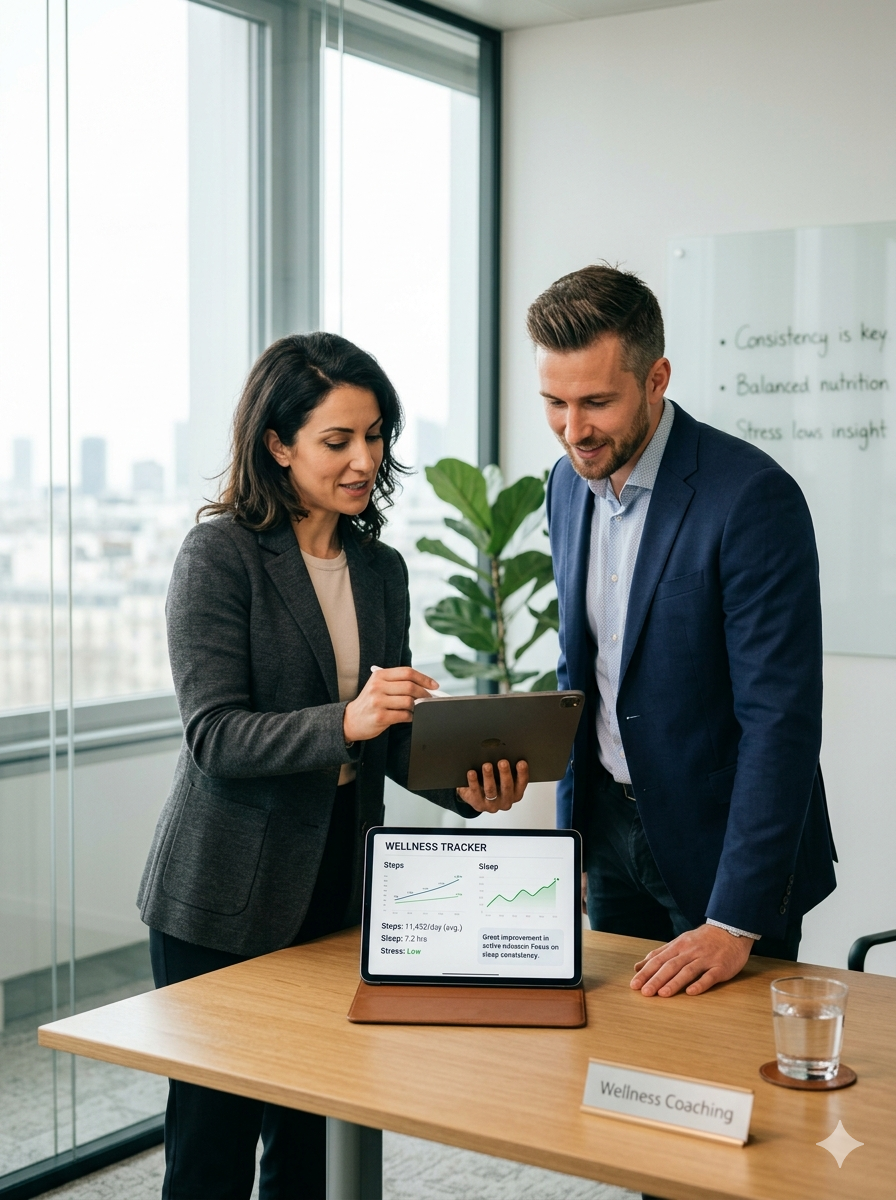 Two professionals, a woman and a man, working together during a wellness coaching session in a modern office. They are looking at a tablet and a wellness tracker screen showing progress in steps, sleep, and stress. The office has large windows, a whiteboard, and a plant.