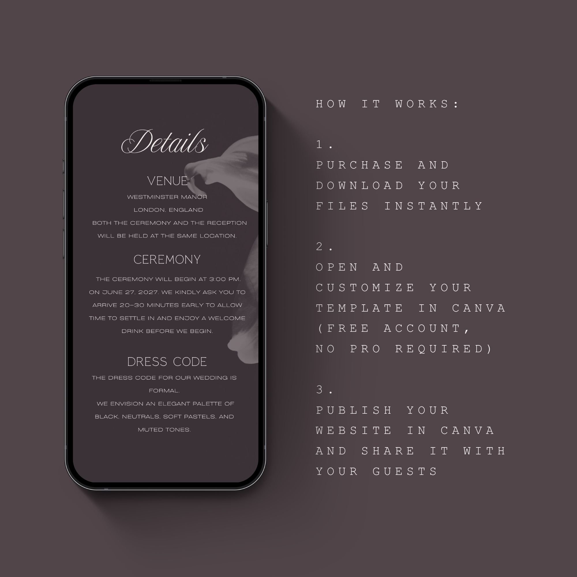 Modern Canva wedding website instruction layout