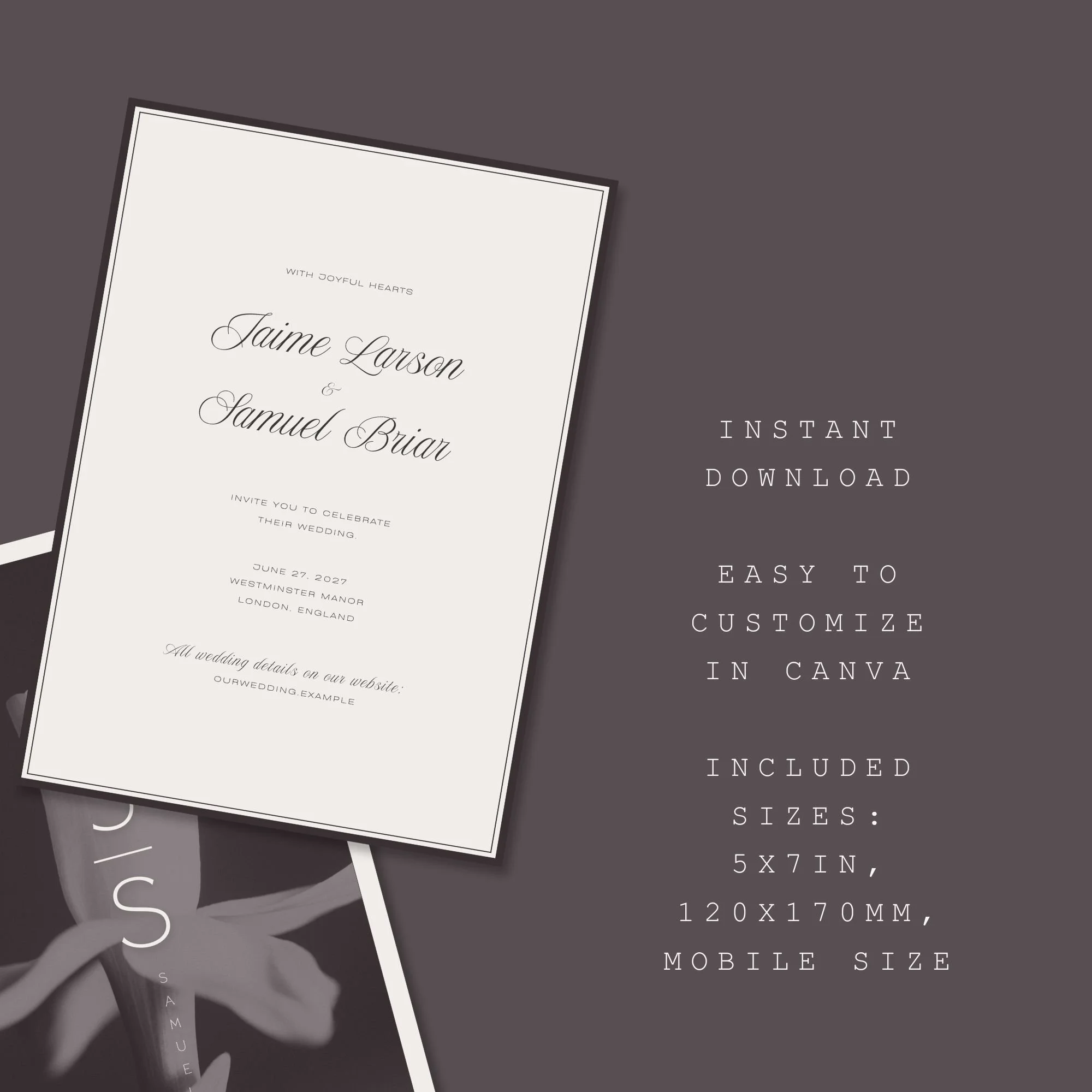 Elegant wedding invitation template details and included formats