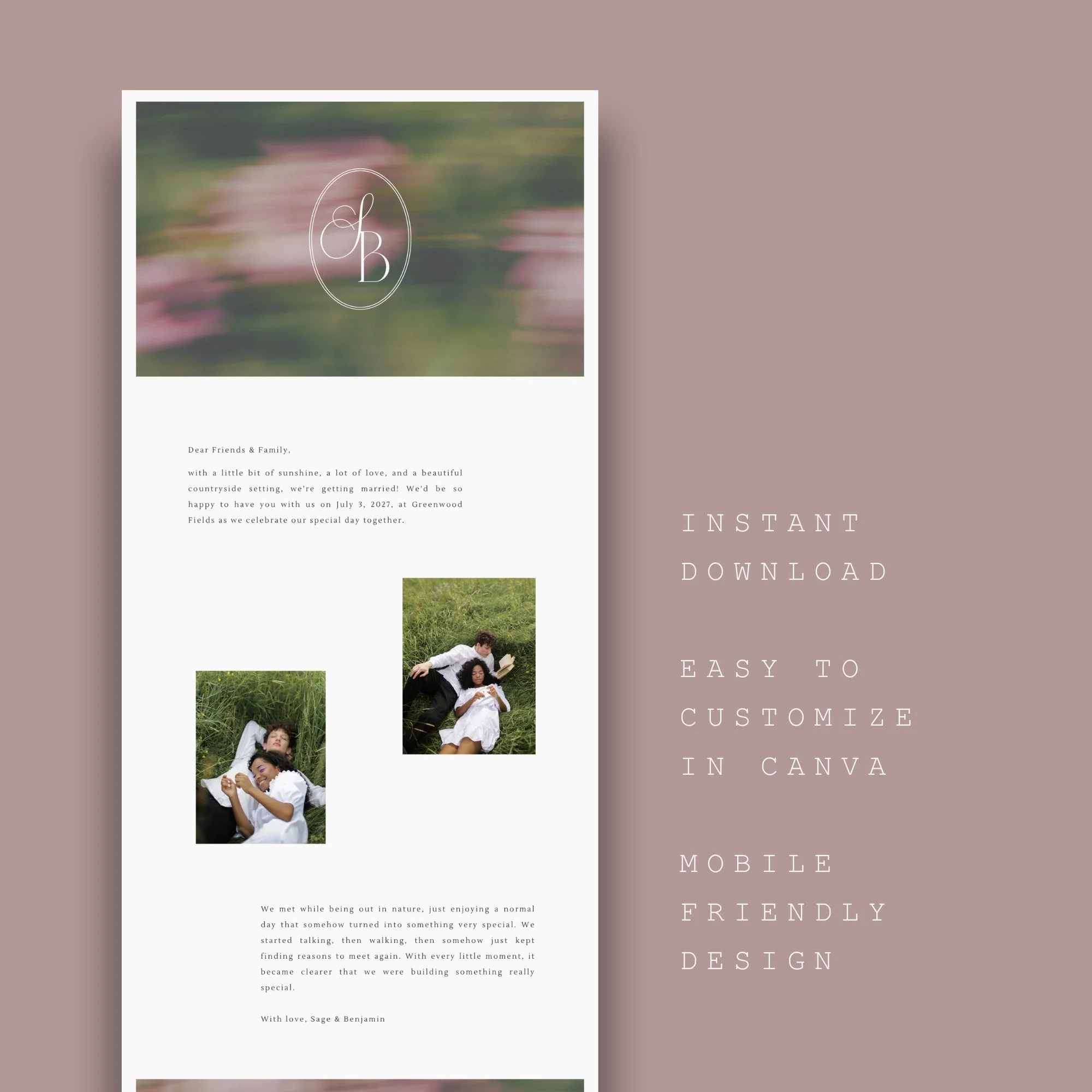 Wedding website template feature presentation mockup