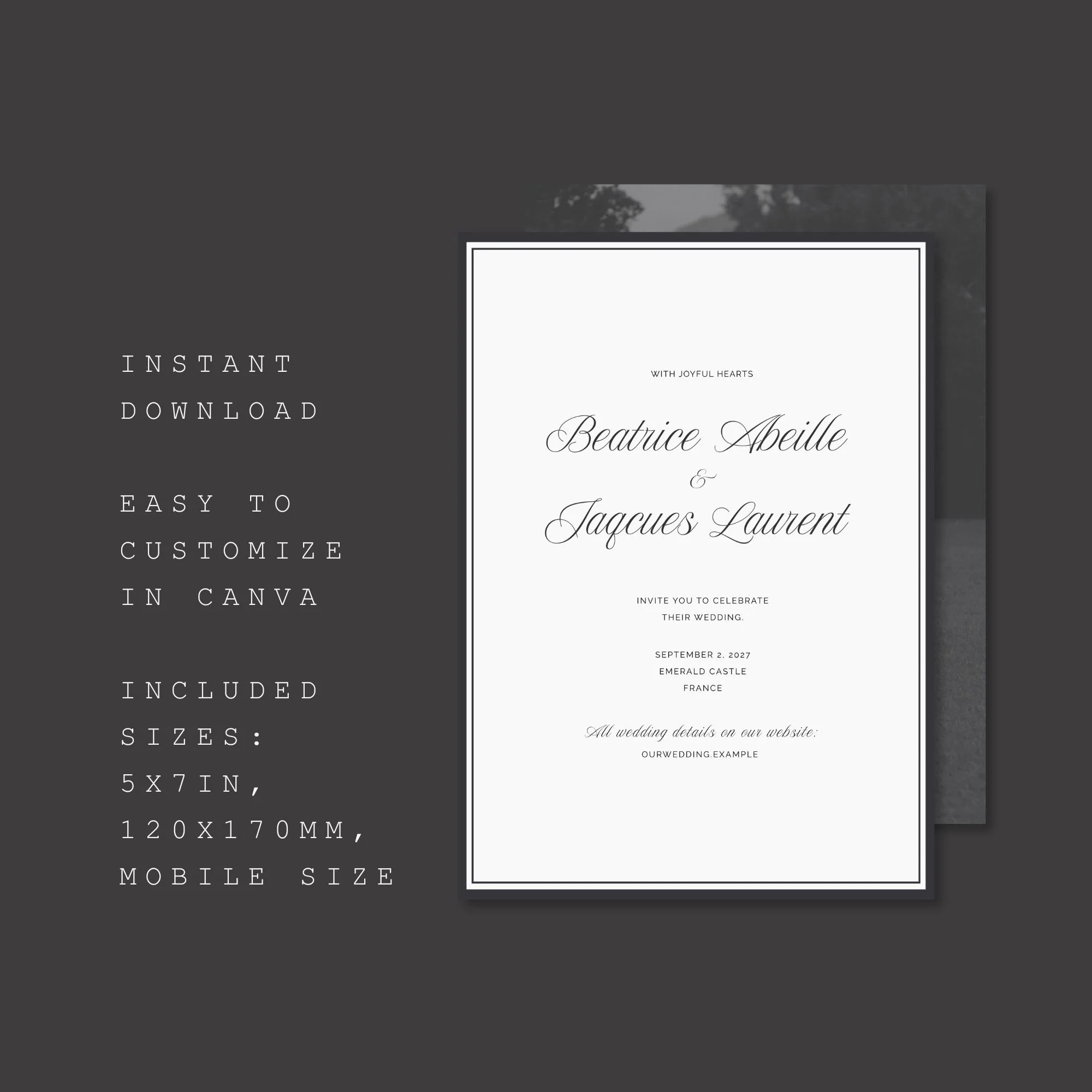 Elegant wedding invitation layout in print and digital formats