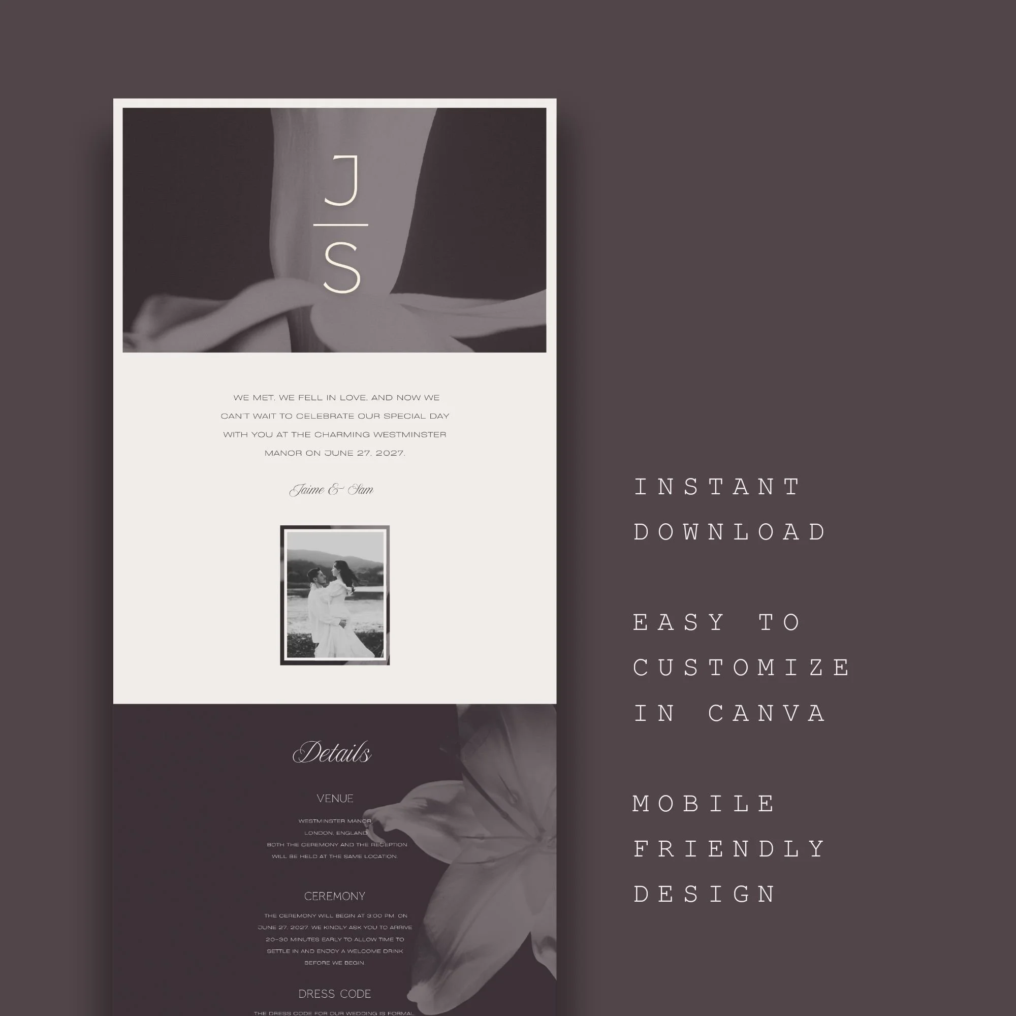 Editable wedding website template format overview