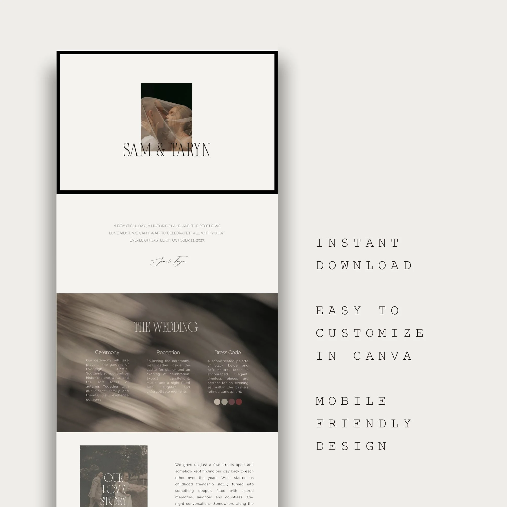 Wedding website template details for digital weddings