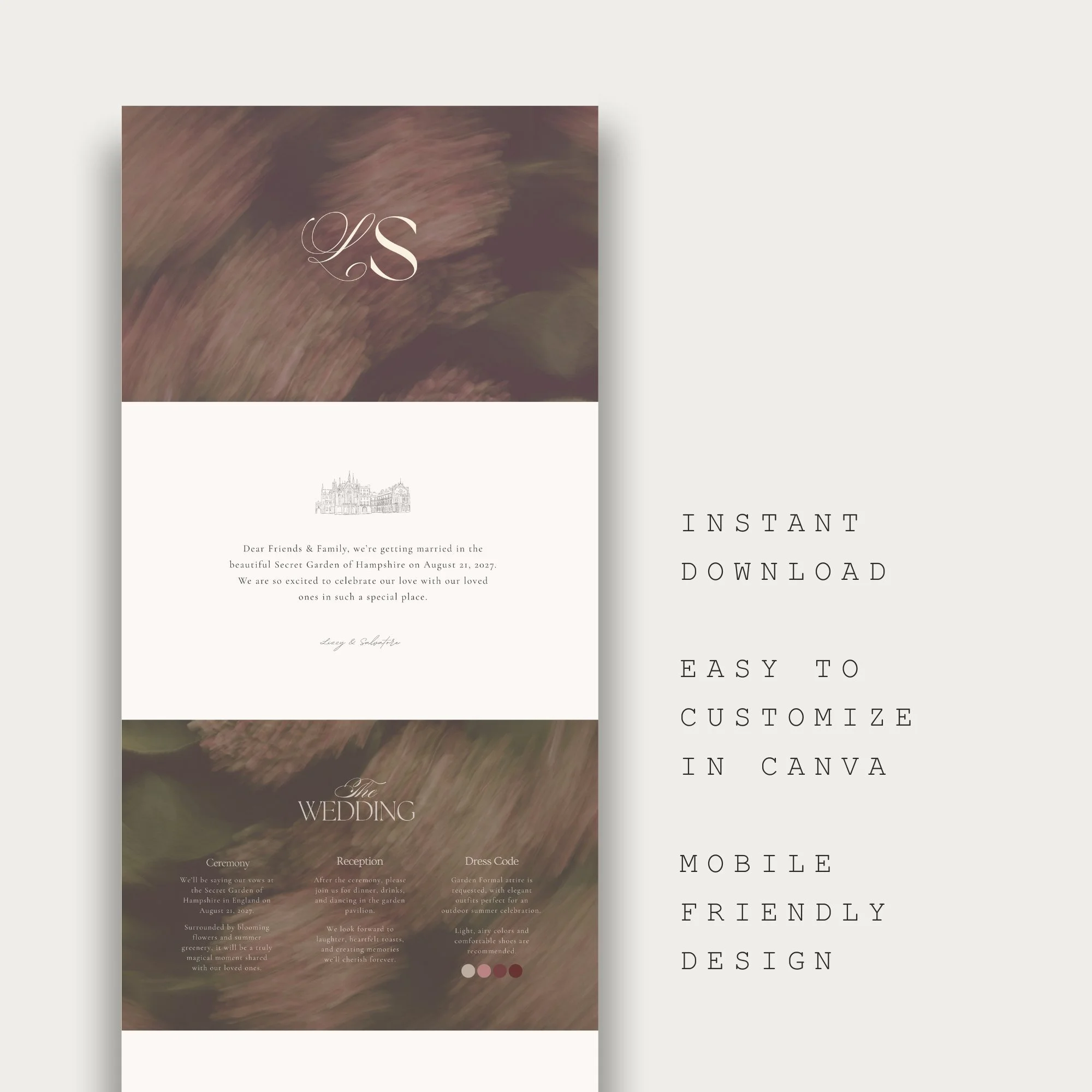 Wedding website template overview for modern weddings