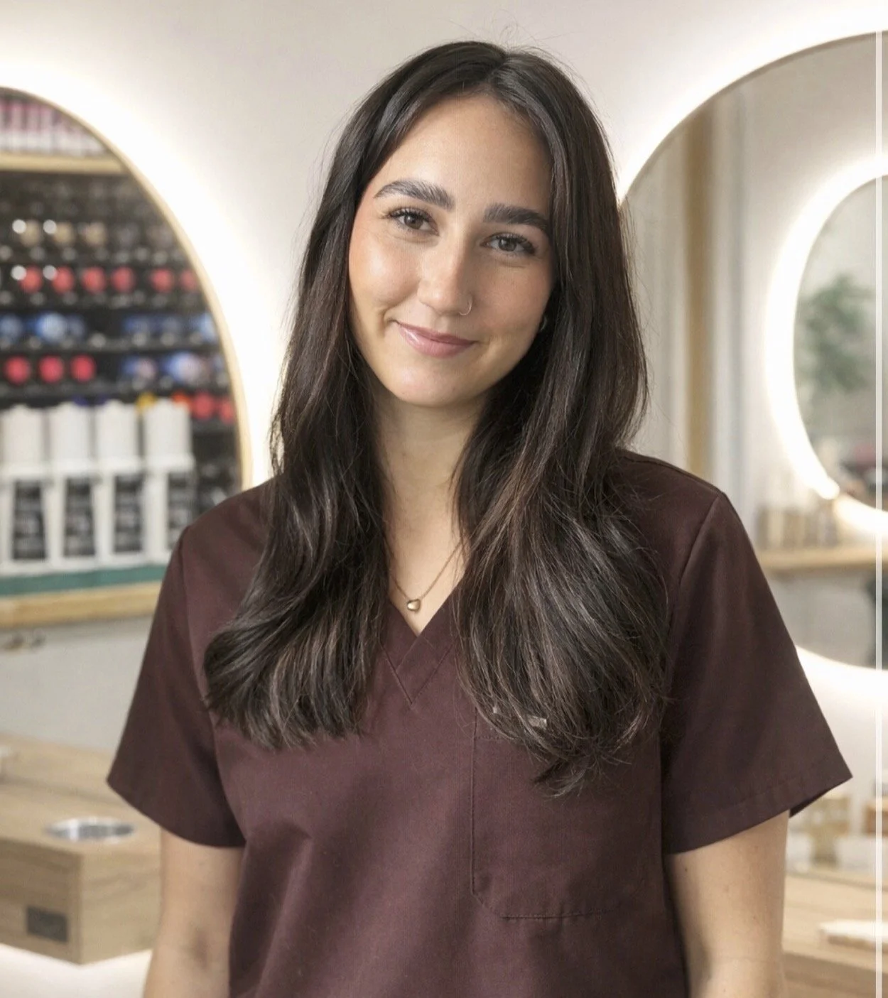 A woman with long dark hair smiling, wearing a maroon scrub top, standing in a room with round mirrors and a display of nail polish in the background.