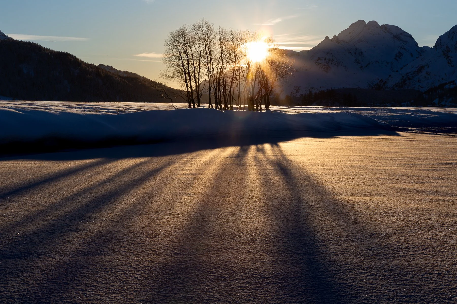 Sun setting behind a tree line, casting long shadows on a snow-covered landscape with mountains in the background.