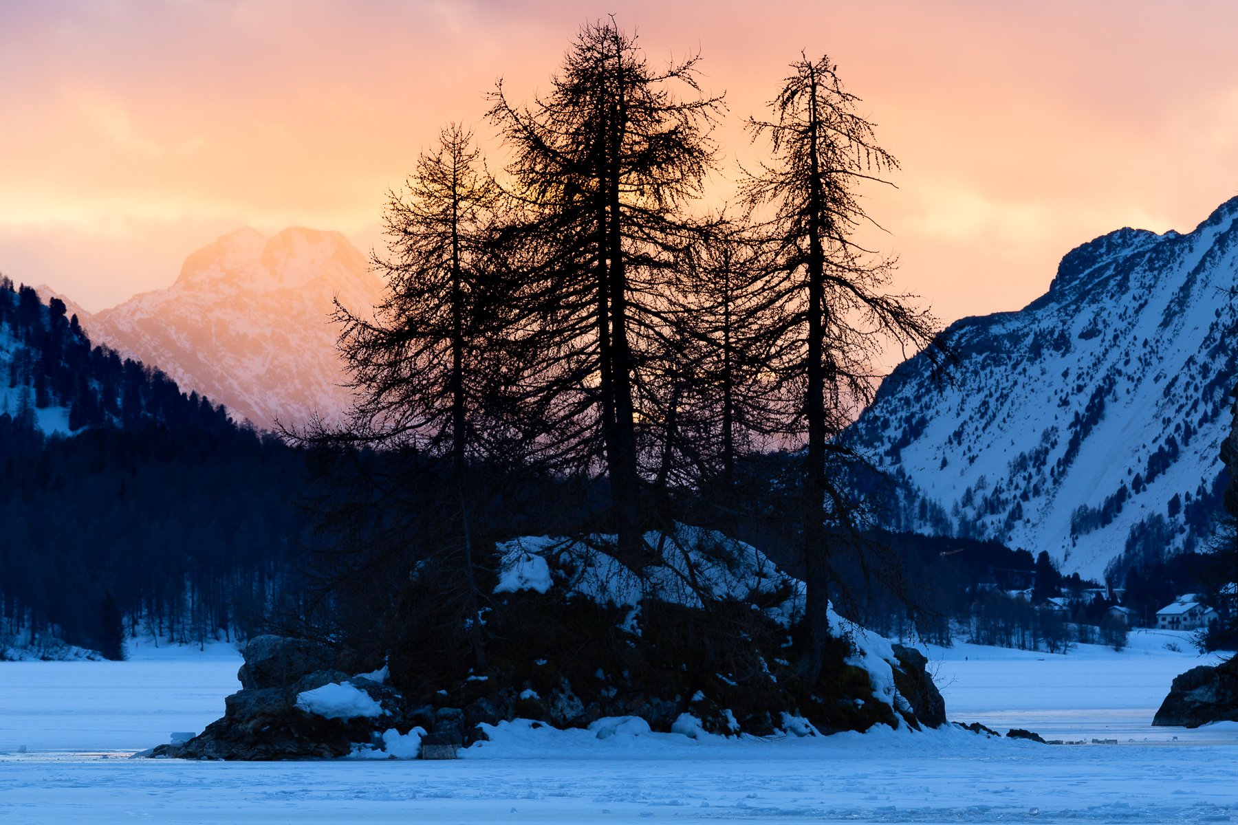 Snow-covered landscape with a small island of trees in a frozen lake, snow-capped mountains in the background, and a warm sunset sky.