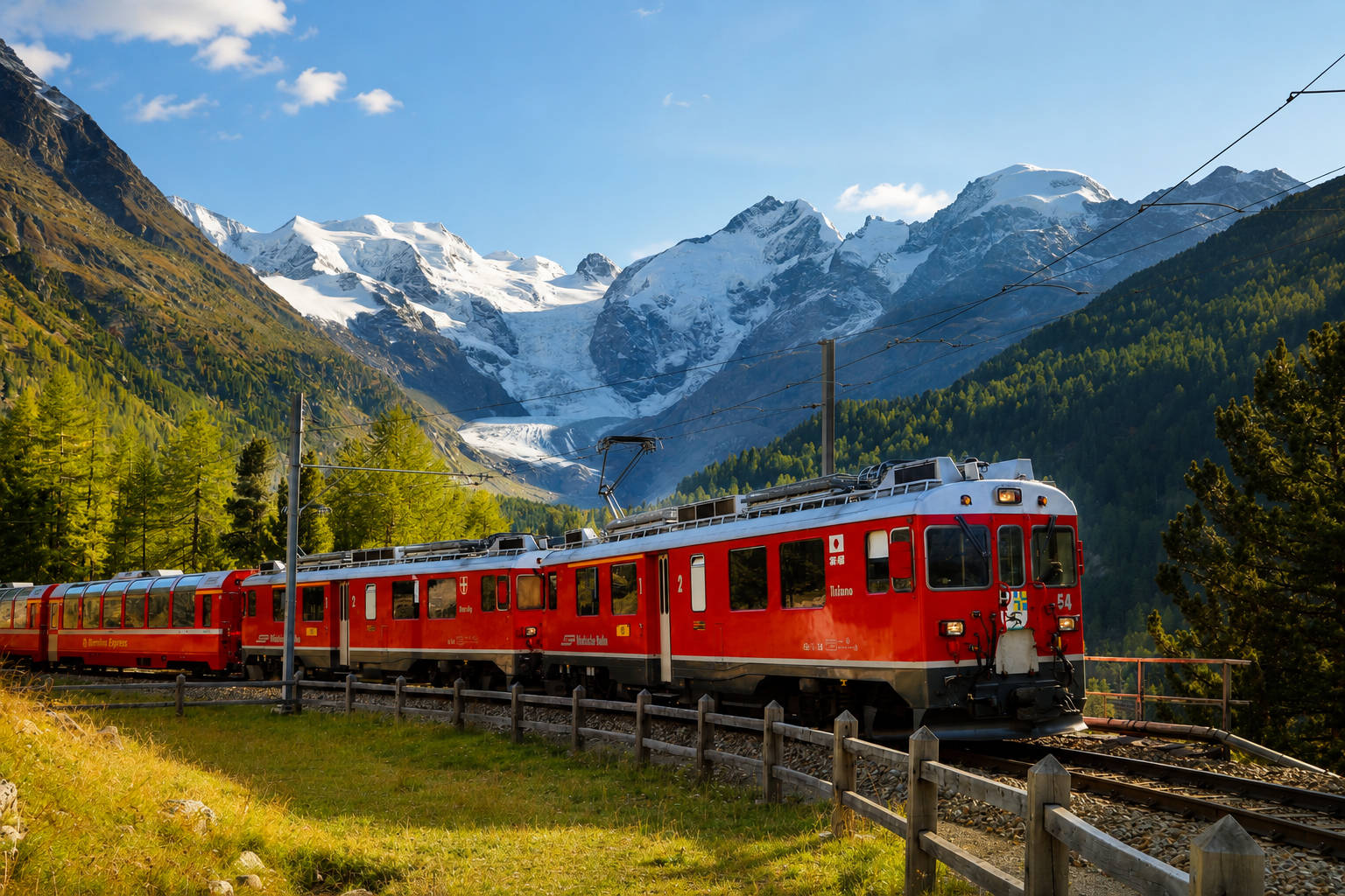 Red train traveling through a mountainous landscape with snow-capped peaks and green forests.