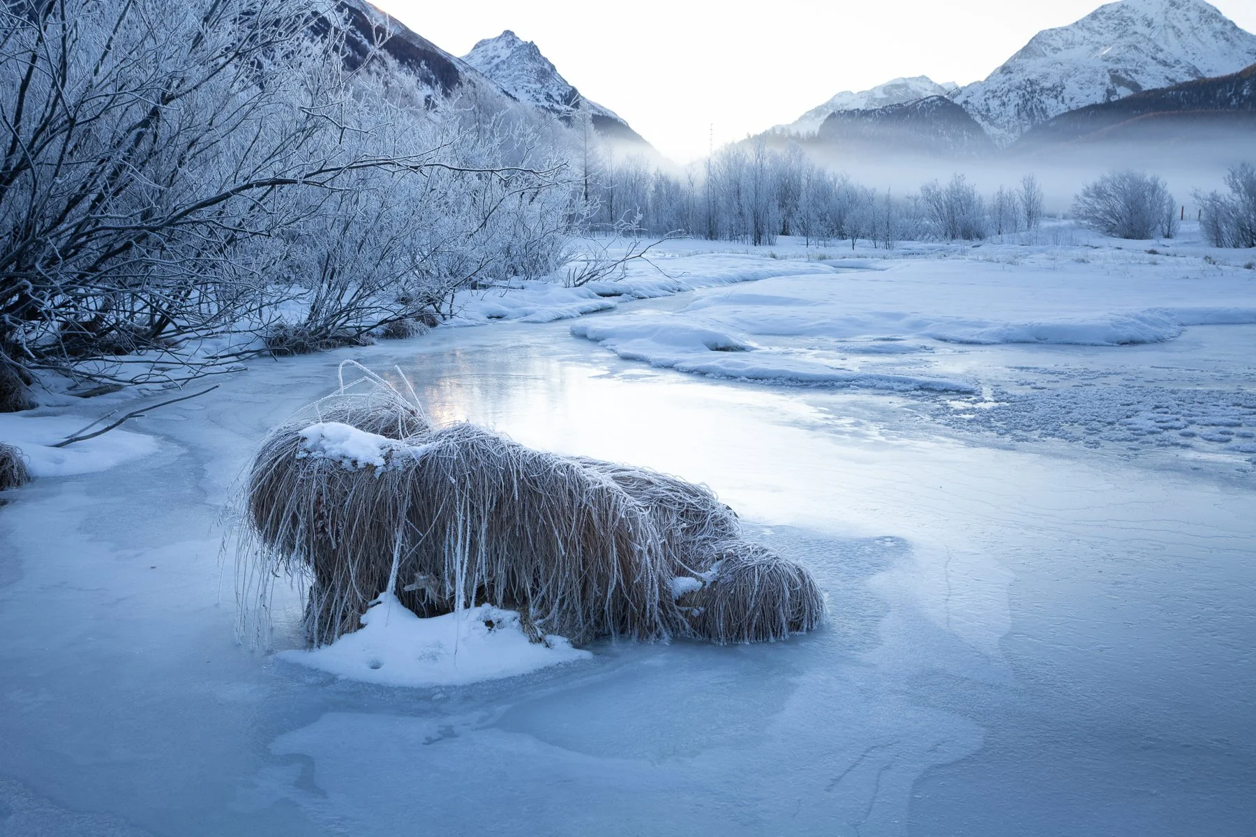 Snow-covered landscape with a frozen river, frosty bushes, and snow-capped mountains in the background.