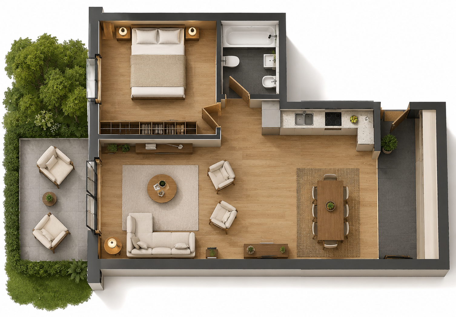 Top-down view of a one-bedroom apartment with a living room, dining area, kitchen, bedroom, bathroom, and outdoor patio surrounded by greenery.