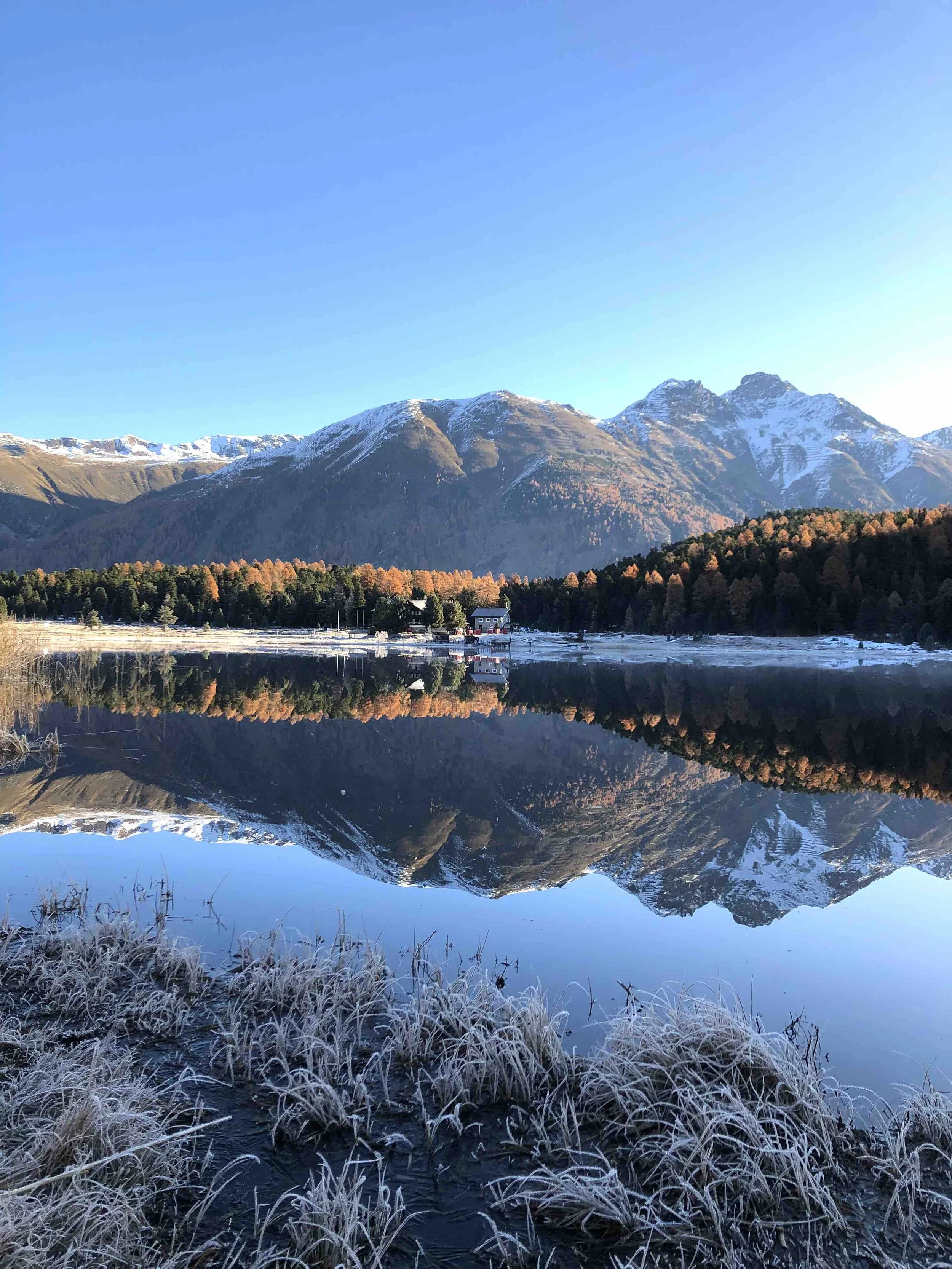 Mountains with snow-capped peaks reflecting on a calm lake, autumn trees along the shoreline, and frosty grass in the foreground.