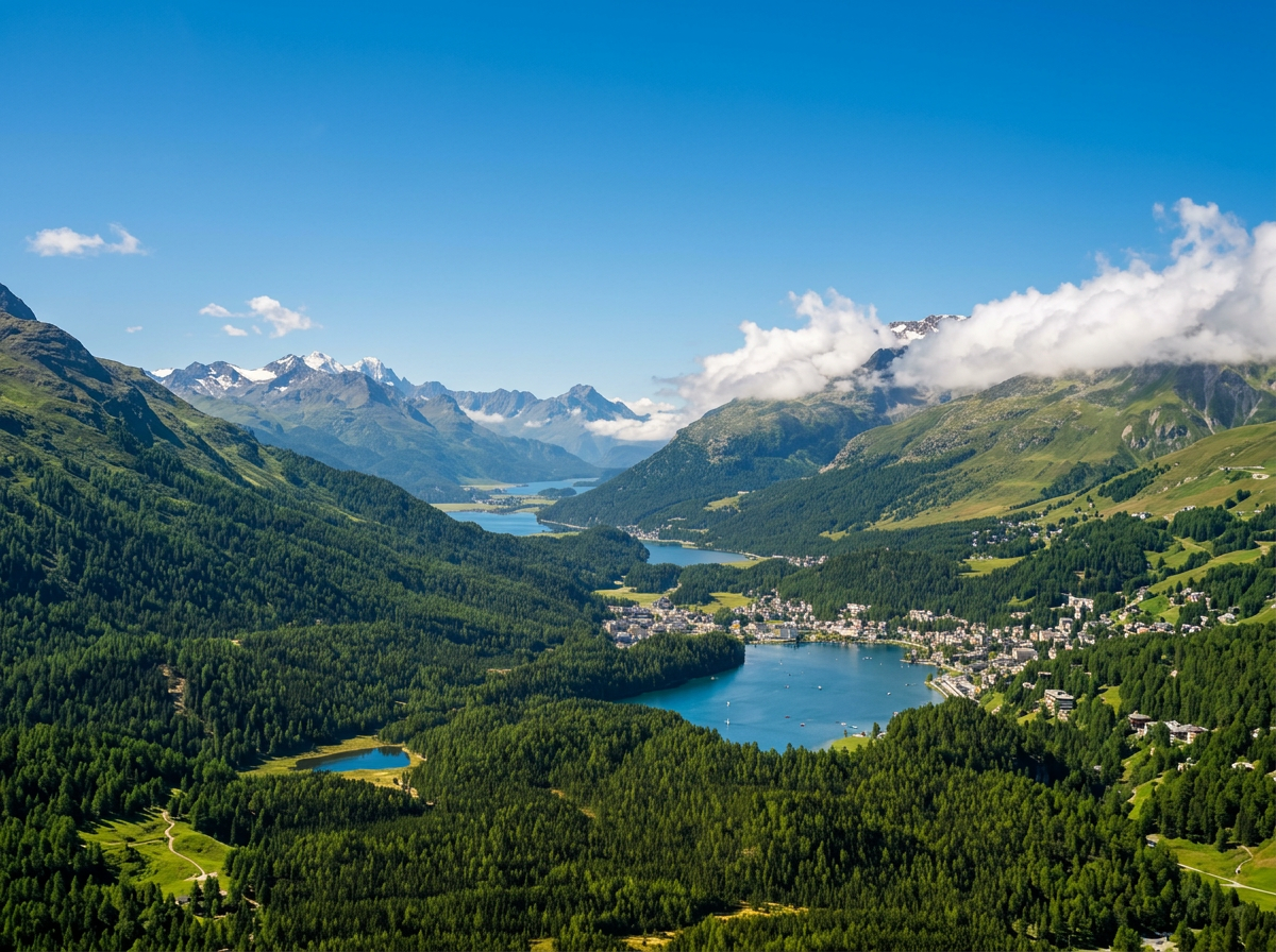 A mountainous landscape with multiple lakes, green forests, and a small town in the valley under a clear blue sky with some clouds.