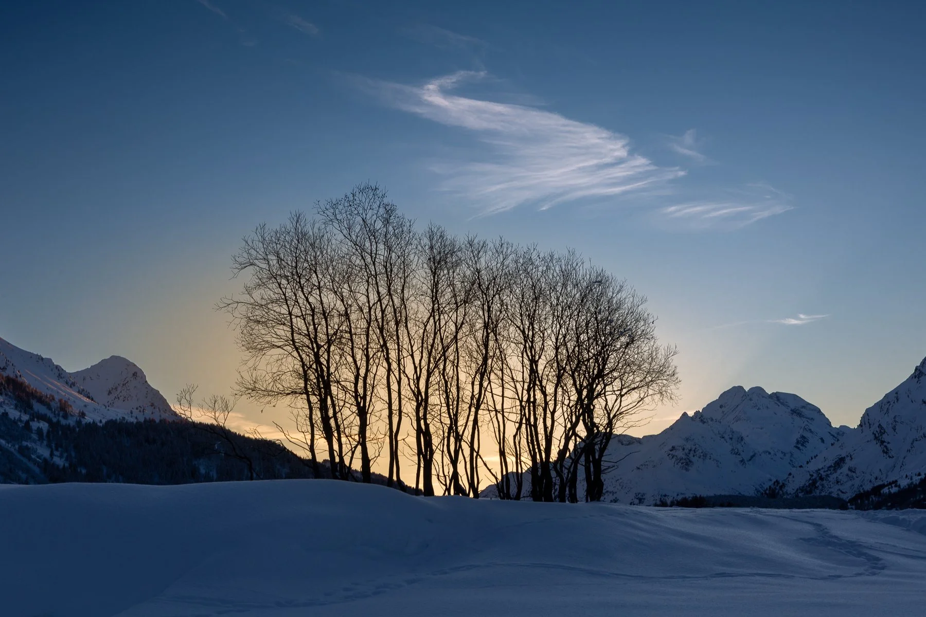 Snow-covered landscape with leafless trees silhouetted against a sunset sky, mountains in the background, and wispy clouds above.