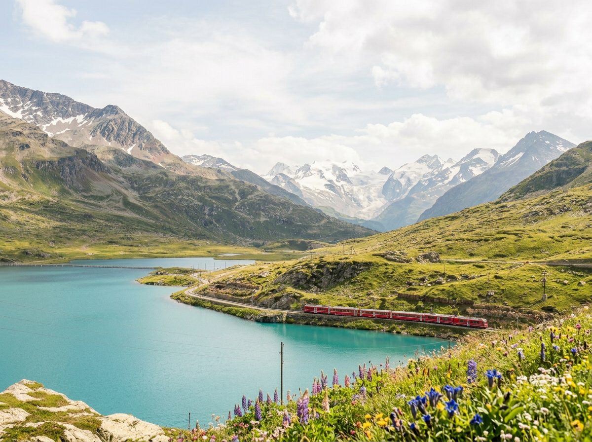 A scenic landscape of a turquoise lake surrounded by green hills and mountains with patches of snow, with a red train traveling along the lake's edge under partly cloudy skies.