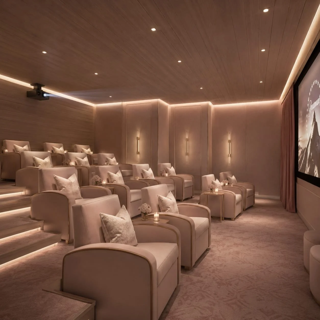 Luxury cinema room with plush beige armchairs, soft pillows, small side tables with candles and flowers, dim lighting with wall sconces, large screen on the right, wood-paneled ceiling, curtains on the side.