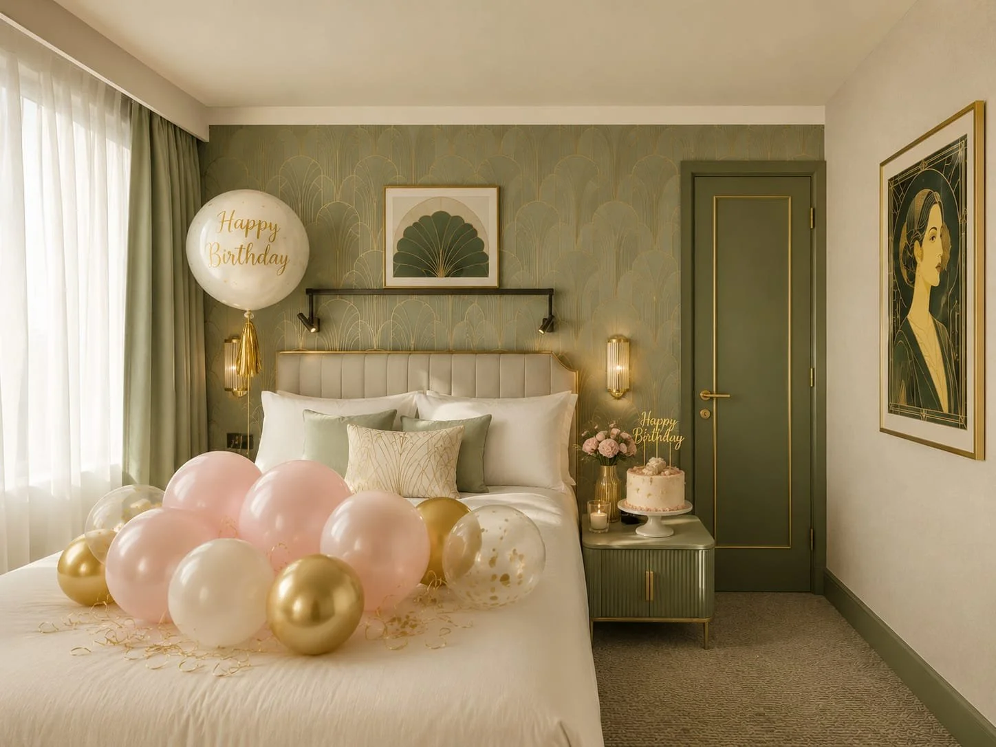 Decorated bedroom with green and gold accents, pink, white, and gold balloons on bed, birthday cake on nightstand, 'Happy Birthday' balloon and sign, framed art, and floral decorations.