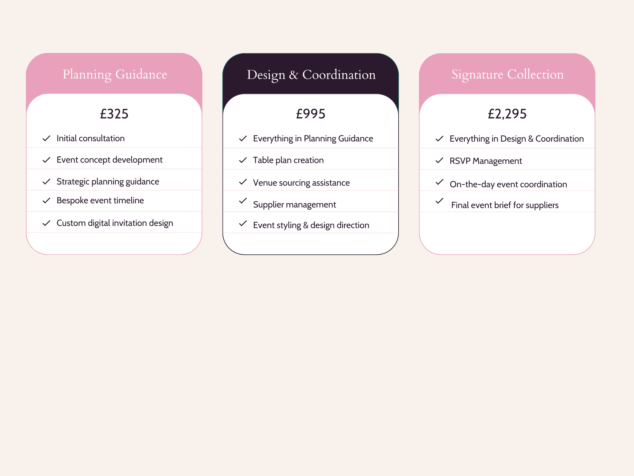A digital graphic displaying three columns of event planning services with prices. The services include Planning Guidance, Design & Coordination, and Signature Collection.